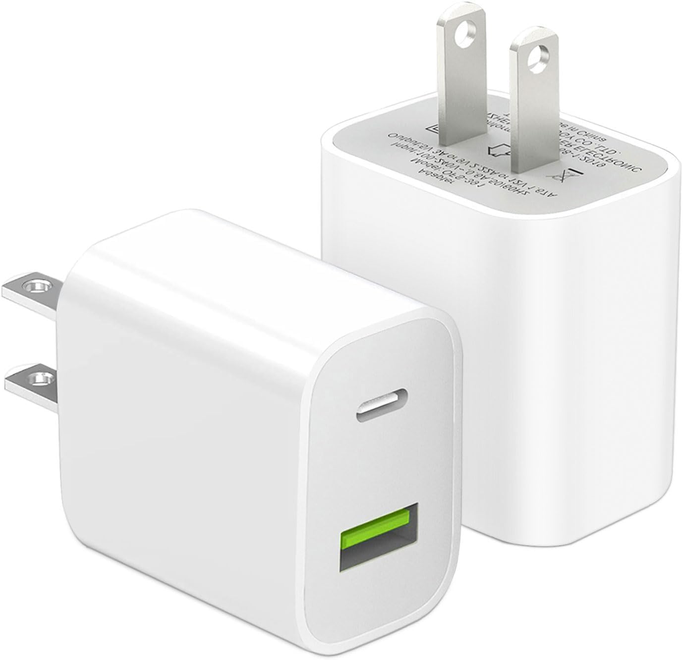 2 Pack USB-C Charger Blocks with Dual USB-C and USB-A Ports 20W Fast Charging Adapter for iPhone iPad and Samsung Devices