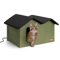 k&h olive extra-wide heated outdoor cat shelter with 2 escape doors, insulated, waterproof and safety listed