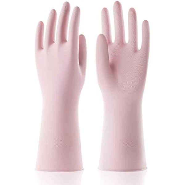 COOLJOB Medium Household Rubber Gloves with Cotton Liner, Non-slip Grip, and Waterproof Long Lasting Dishwashing Gloves for Kitchen and Bathroom Cleaning, Light Pink, 1 Pair