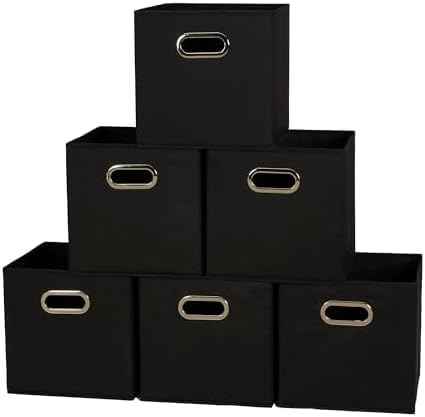 Household Essentials Foldable Fabric Storage Bins 6 Piece Set, Strong Poly-Woven Fabric, Sturdy Chipboard Sides, Grommet Front Handle, Stackable and Foldable, Classic Design, Black