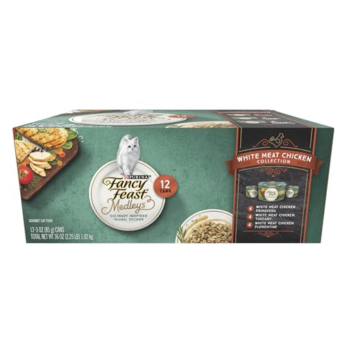 purina fancy feast wet cat food variety pack, medleys white meat chicken in sauce collection - 12 3 oz. cans