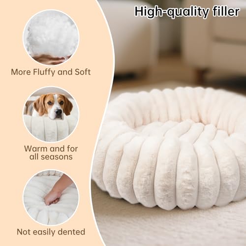 Donut dog and cat bed with faux rabbit fur, soft anti-anxiety calming bed for small dogs and cats, 20 inch white