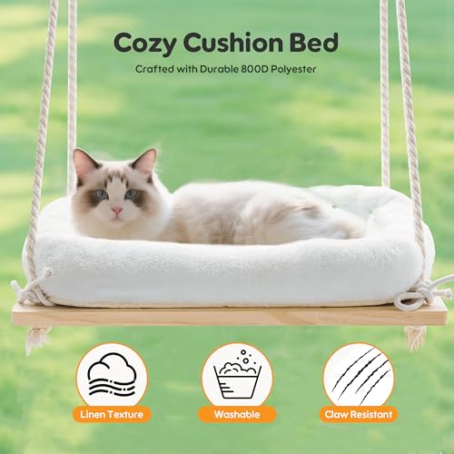 Rustic cat hammock bed with solid wood seat and heavy duty suction cups for large cats