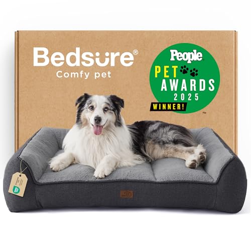 Bedsure SupportMax XL Orthopedic Dog Beds Large Sized Dog - Extra Thick Supportive Dogs Couch with Waterproof Washable Cover, Extra Large Comfort Pet Sofa with Soft Sherpa & Nonskid Bottom, Grey, 42"
