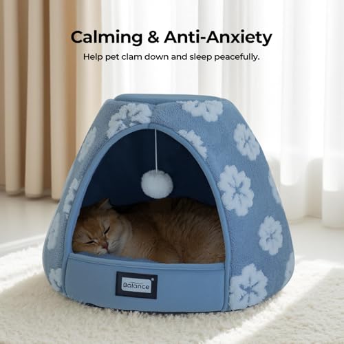 balance 2-in-1 cat bed cave with anti-slip bottom and ultra-soft plush blue 19 inches