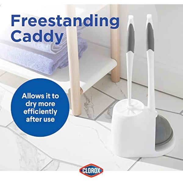 Clorox Toilet Plunger and Bowl Brush Combo with Caddy, 6.75 x 7 x 19.5 in, White/Gray
