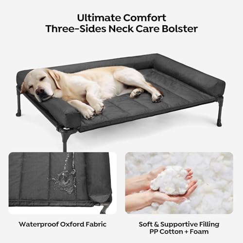 Veehoo cooling elevated dog bed with removable waterproof bolster cushion mat, large indoor outdoor pet cot for labrador rottweilers boxers, black, 42x30inches