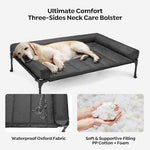 Veehoo cooling elevated dog bed with removable waterproof bolster cushion mat, large indoor outdoor pet cot for labrador rottweilers boxers, black, 42x30inches