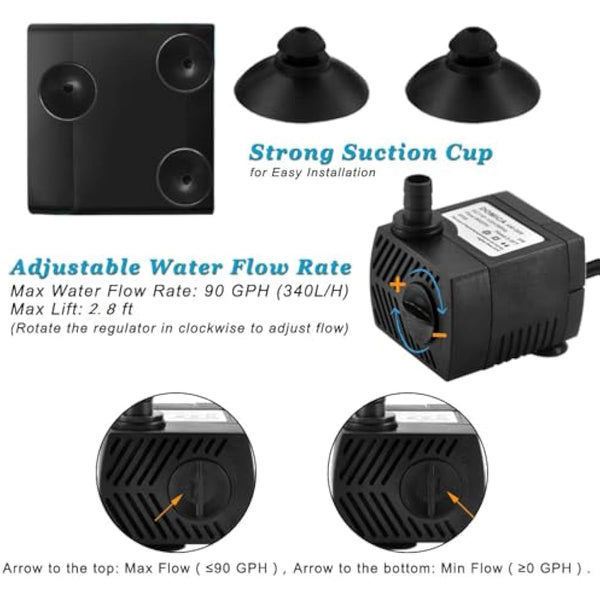 90 GPH Mini Submersible Pump, Small Fountain Pump (5W 350L/H) for water feature, Aquariums, Fish Tank, Tabletop Fountain, Pet Fountain, Indoor or Outdoor Pond Fountain