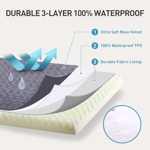 Rose velvet soft dog bed for medium dogs with waterproof and orthopedic features, 35 x 22 inch, gray