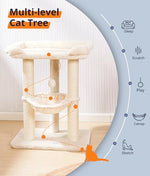 Happi N Pets 28" Cat Tree Tower, Tall Cat Scratching Post with Soft Perch for Window Viewing, Large Bed for Big Cats, Stable & Compact Cat Tower with Hammock, Removable Cover-Beige