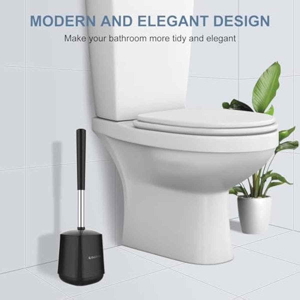 SetSail Toilet Brush and Holder, Self Closing Lid Toilet Bowl Brushes Holder and Extra Long Handle Ventilated Toilet Brush Set for Bathroom Cleaning, Nylon Bristles, Black