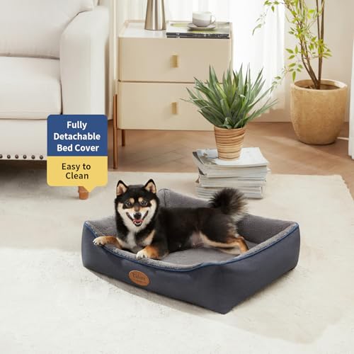 Orthopedic dog bed, medium size, durable egg crate foam, navy, washable cover, waterproof lining