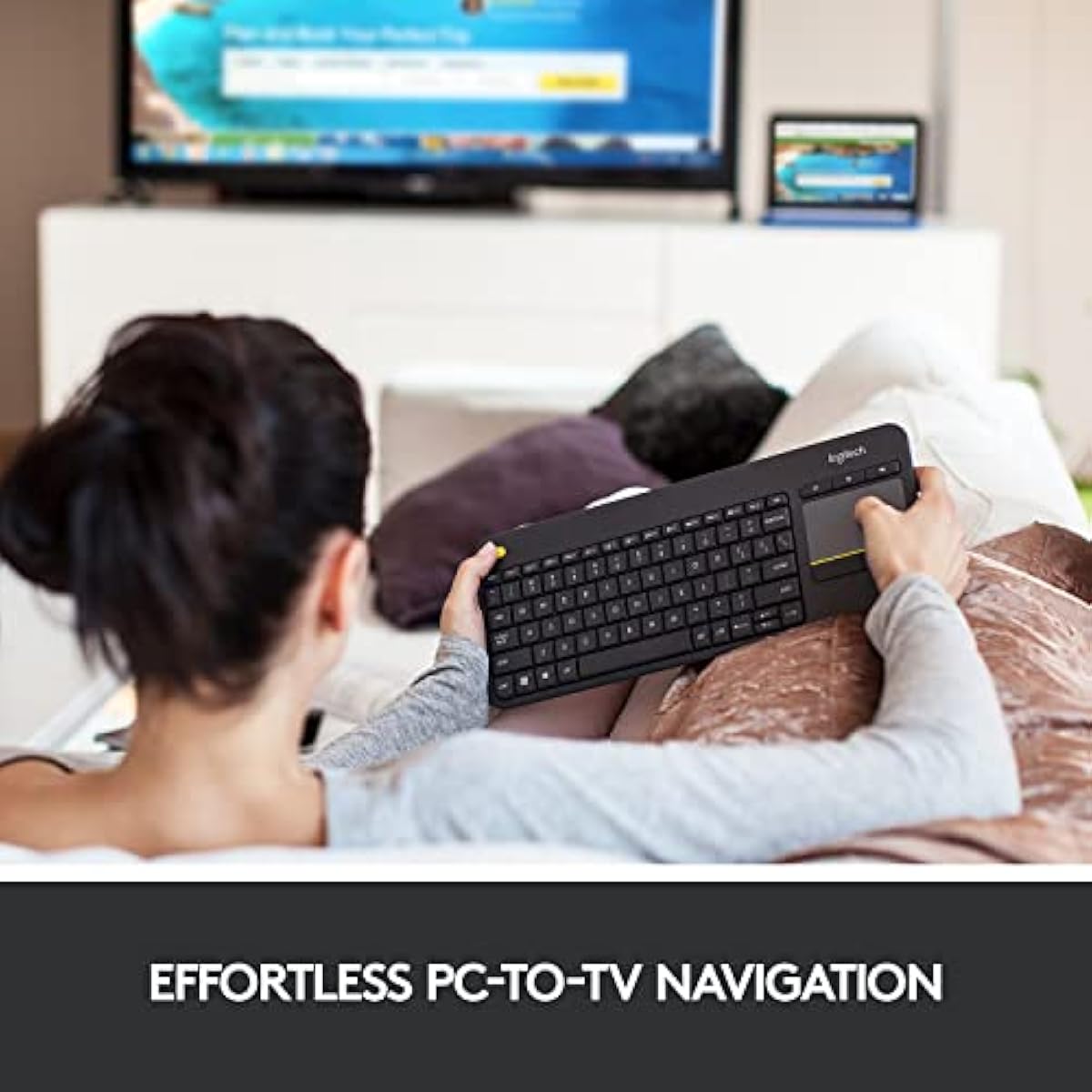 Logitech K400 Plus Wireless Touch TV Keyboard with Easy Media Control and Built-in Touchpad, HTPC Keyboard for PC-Connected TV, Windows, Android, ChromeOS, Laptop, Tablet - Black
