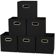 Household Essentials Foldable Fabric Storage Bins 6 Piece Set, Strong Poly-Woven Fabric, Sturdy Chipboard Sides, Grommet Front Handle, Stackable and Foldable, Classic Design, Black