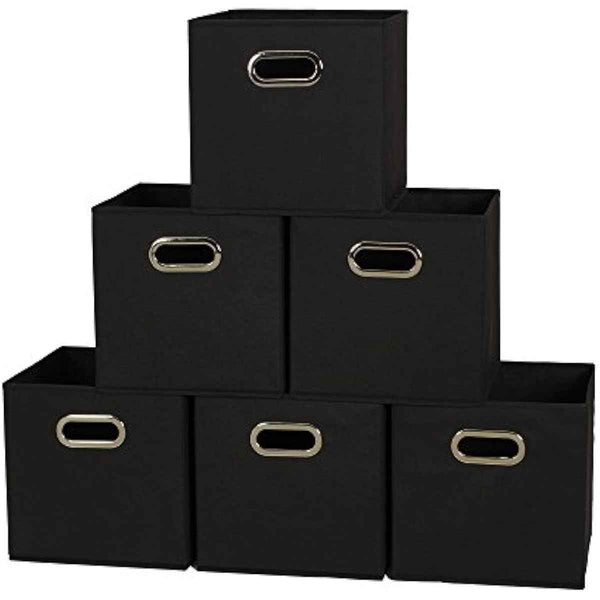 Household Essentials Foldable Fabric Storage Bins 6-Piece Set | Sturdy Chipboard Sides, Grommet Front Handle, Stackable and Foldable, Classic Black Design