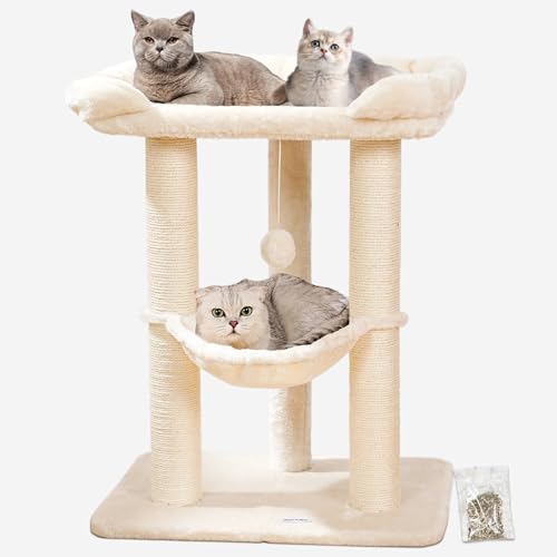 Happi N Pets 28" Cat Tree Tower in Beige, soft perch, large bed for big cats, stable & compact cat tower