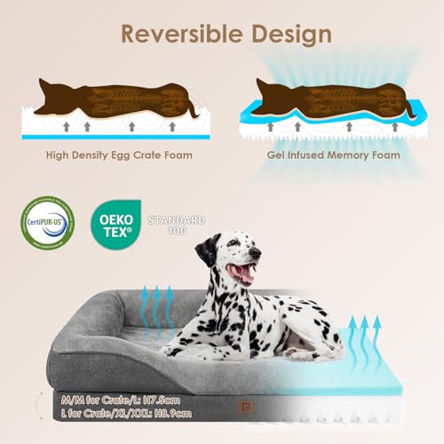 EHEYCIGA orthopedic dog bed for large dogs, 42x30x7.5 inch, memory foam, bolster sofa, grey
