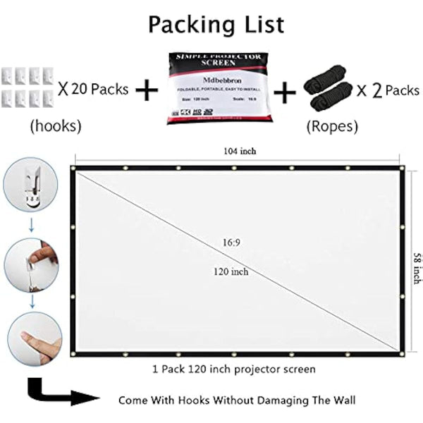120 inch Projector Screen 16:9 Foldable Anti-Crease Portable Projector Movies Screens for Home Theater Outdoor Indoor Support Double Sided Projection