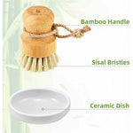 SUBEKYU Bamboo Dish Scrub Brush for Kitchen Sink, Natural Wooden Washing Dish Brush Scrubber with Sisal Bristles for Household Cleaning, Cast Iron Pots, Pans and Vegetables