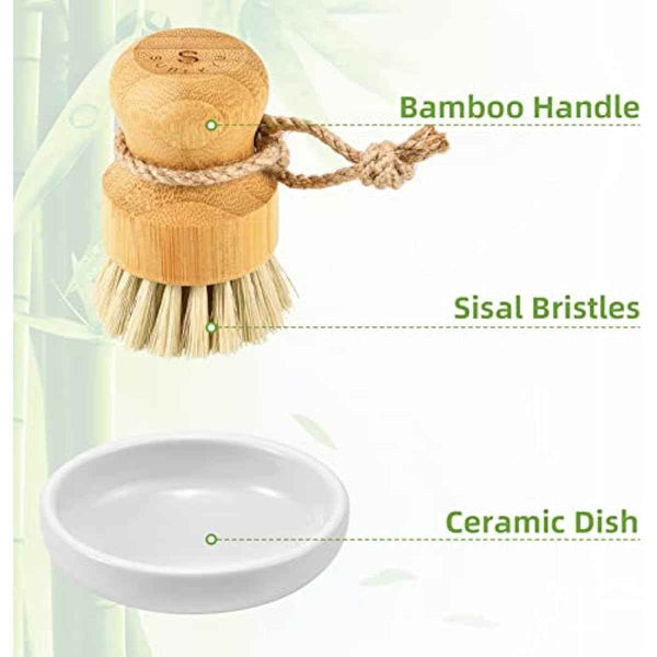 SUBEKYU Bamboo Dish Scrub Brush for Kitchen Sink, Natural Wooden Washing Dish Brush Scrubber with Sisal Bristles for Household Cleaning, Cast Iron Pots, Pans and Vegetables