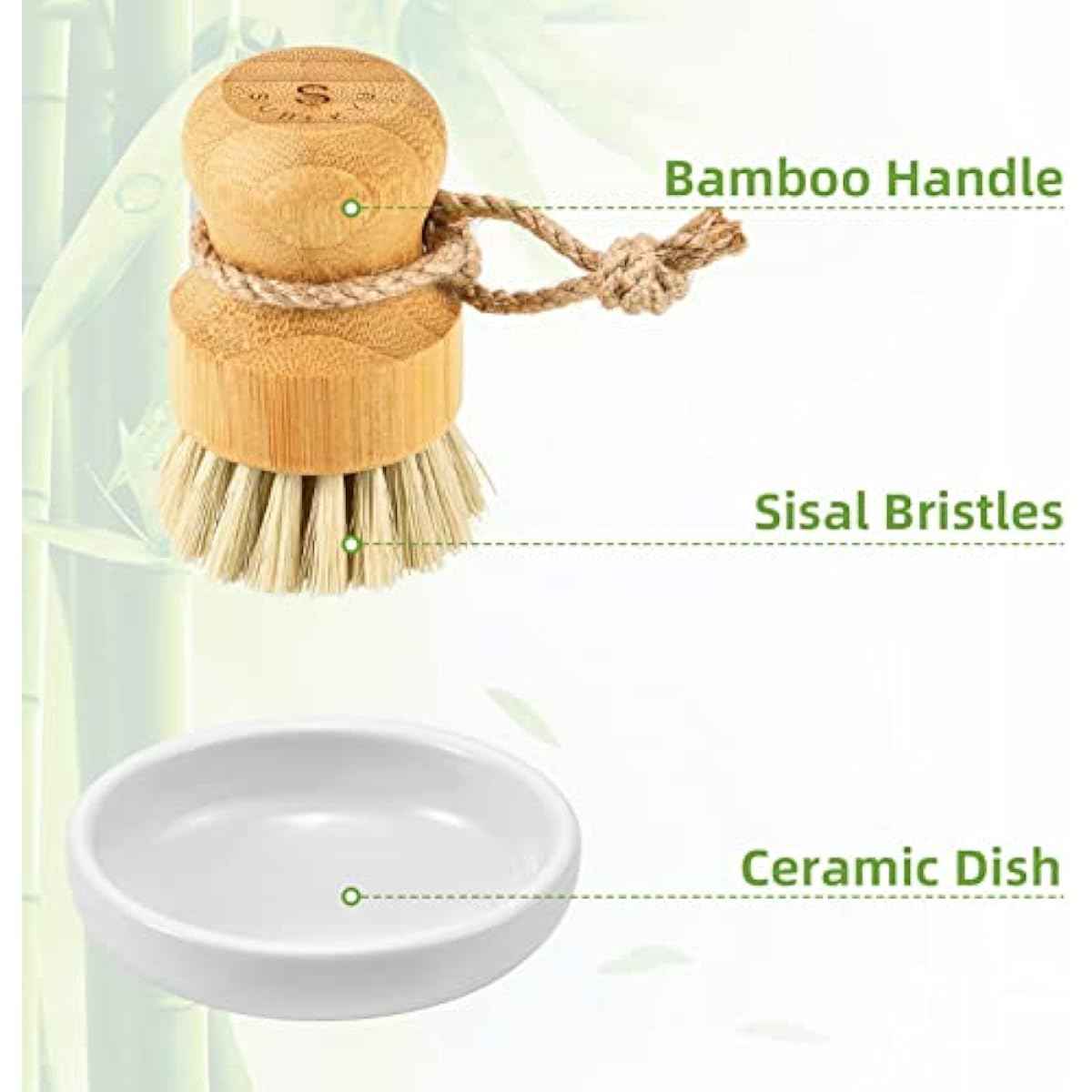 SUBEKYU Bamboo Dish Scrub Brush with Sisal Bristles for Natural Kitchen Cleaning