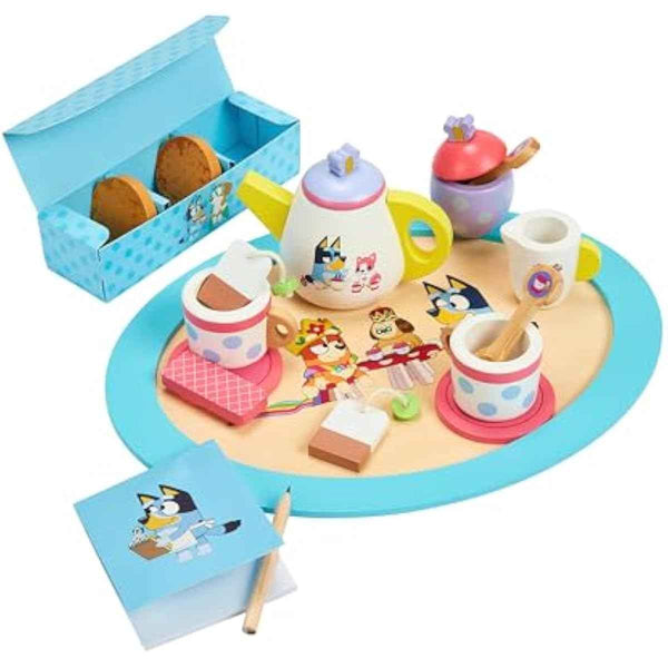 bluey 18-piece wooden tea party set, toddler-friendly tea set with tray, teapot, and utensils