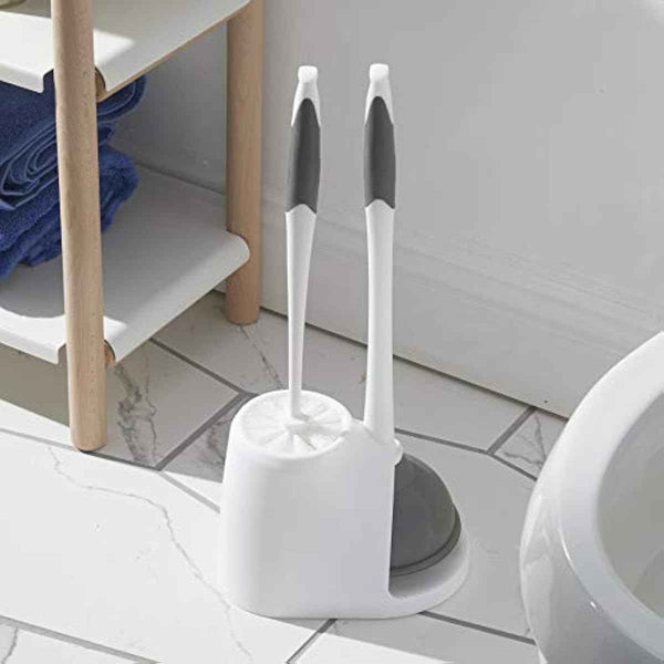 Clorox Toilet Plunger and Bowl Brush Combo with Caddy, 6.75 x 7 x 19.5 in, White/Gray