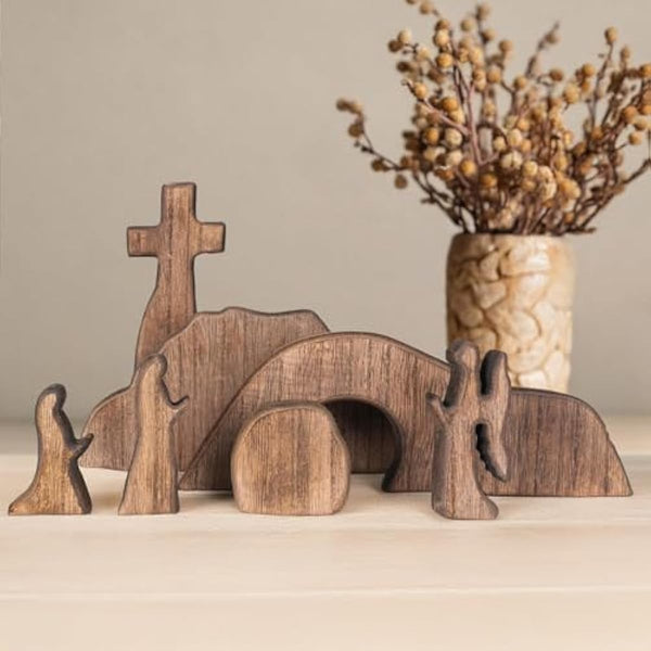 Nerosun wooden Easter resurrection scene and cross decoration set for religious home office tabletop