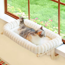 zakkart snugcloud cat window perch with 4-sided bolster natural wood and white bed medium
