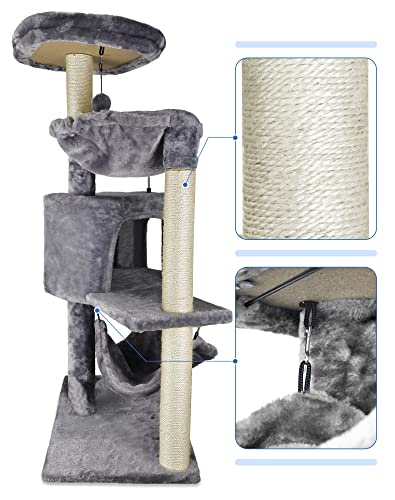 yunique cat tree with cat condo and big hammock, grey, 22.44x13.78x39.37 inches, faux fur and sisal posts