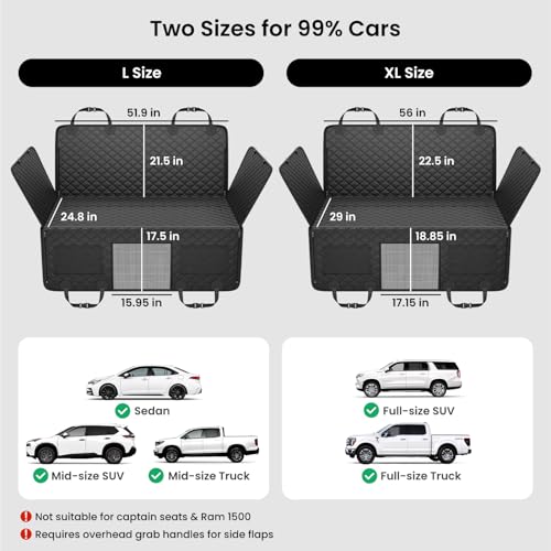 reeva dog truck seat cover for back seat, hard bottom dog hammock for car, waterproof, universal, black, xl size
