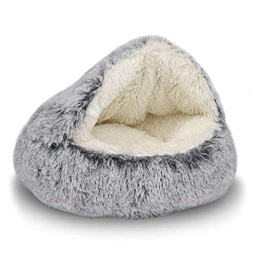 ShinHye round plush cat bed with waterproof bottom and faux fur for small indoor cats or dogs, 20x20inch, grey