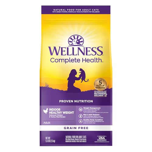 wellness complete health adult dry cat food indoor cats grain free healthy weight chicken turkey meal 5.5 pound bag