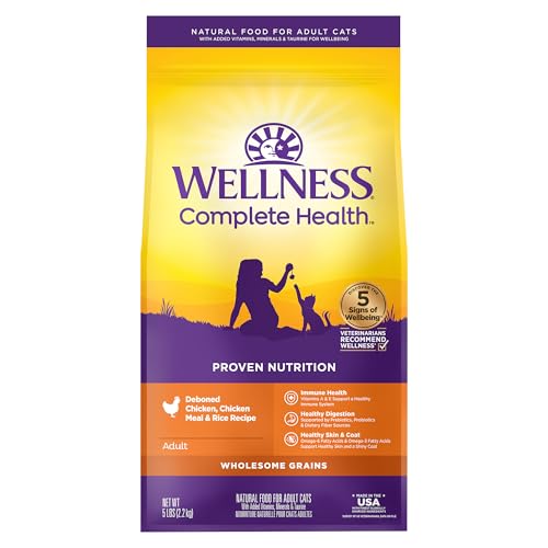 Wellness Complete Health adult dry cat food for indoor and outdoor cats, wholesome grains, natural, chicken and chicken meal, 5-pound bag
