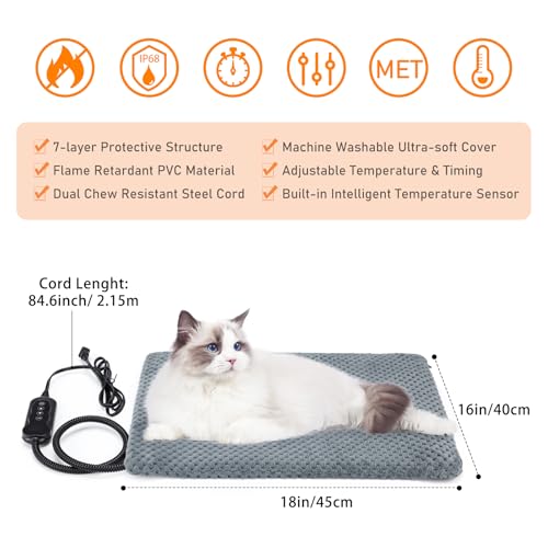invenho heated cat bed, waterproof adjustable temperature dog cat heating pad with timer, 18" x 16"