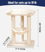 Happi N Pets 28" Cat Tree Tower in Beige, soft perch, large bed for big cats, stable & compact cat tower