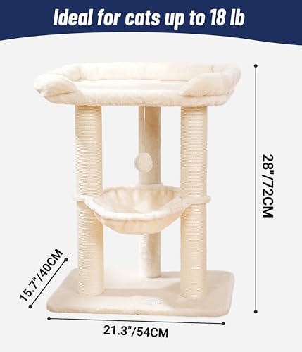 Happi N Pets 28" Cat Tree Tower in Beige, soft perch, large bed for big cats, stable & compact cat tower