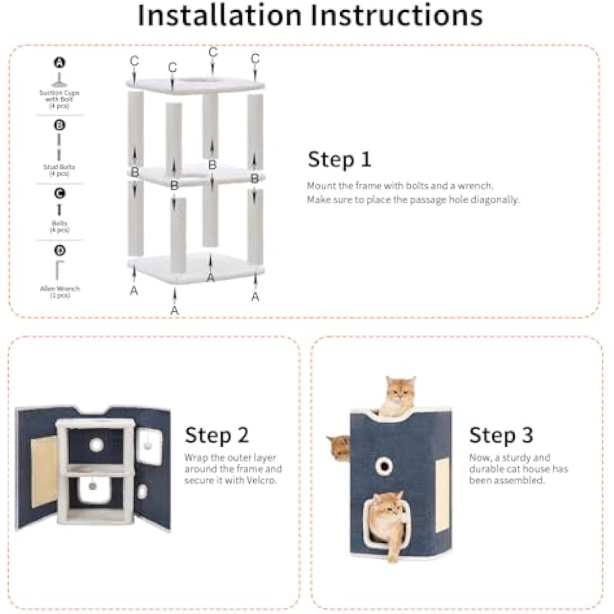 Cat House, Cat Beds for Indoor Cats, 2-Story Cat Condo Cube with Scratch Pad and Fluffy Ball Hanging, Multi-Level Cozy Hideout Ideal for Multiple Cats