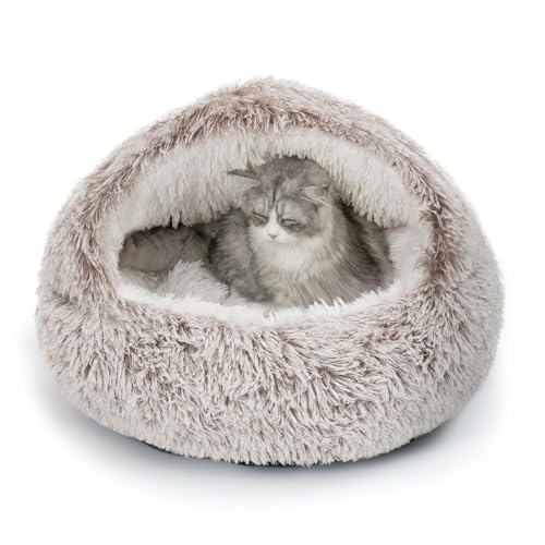 CATISM plush hooded cat bed, calming nest, self-warming cave for indoor cats or small dogs, removable washable cover with non-slip bottom