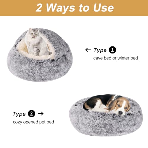 Grey, 20-inch Hooded Dog Bed for Small Dogs up to 22 lbs, Washable Pet Cave Bed with Anti-Slip Bottom