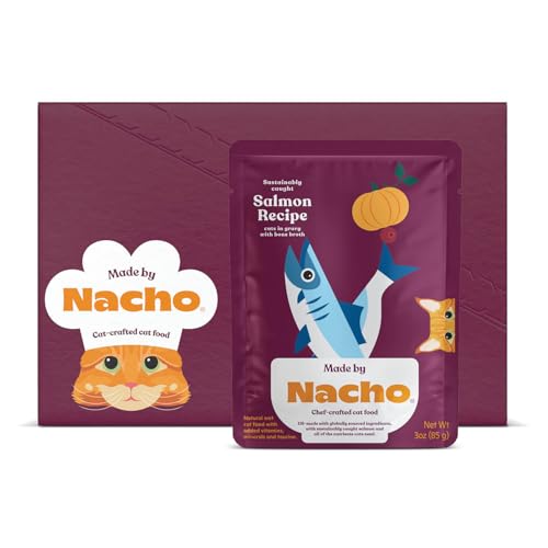 Made by Nacho Wet Cat Food, Cuts in Gravy, Sustainably-Caught Salmon with Bone Broth for Extra Hydration, (12) 3 oz. Pouches, Limited Ingredients