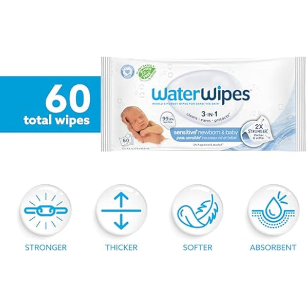 WaterWipes Sensitive+ Newborn & Baby Wipes, 3-in-1 cleans, cares, protects, 99.9% water, unscented & hypoallergenic, 60 count, 2x stronger, thicker & softer