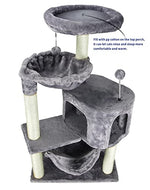 yunique cat tree with cat condo and big hammock, grey, 22.44x13.78x39.37 inches, faux fur and sisal posts