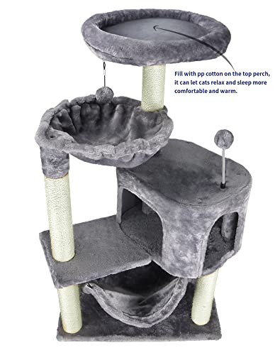 yunique cat tree with cat condo and big hammock, grey, 22.44x13.78x39.37 inches, faux fur and sisal posts