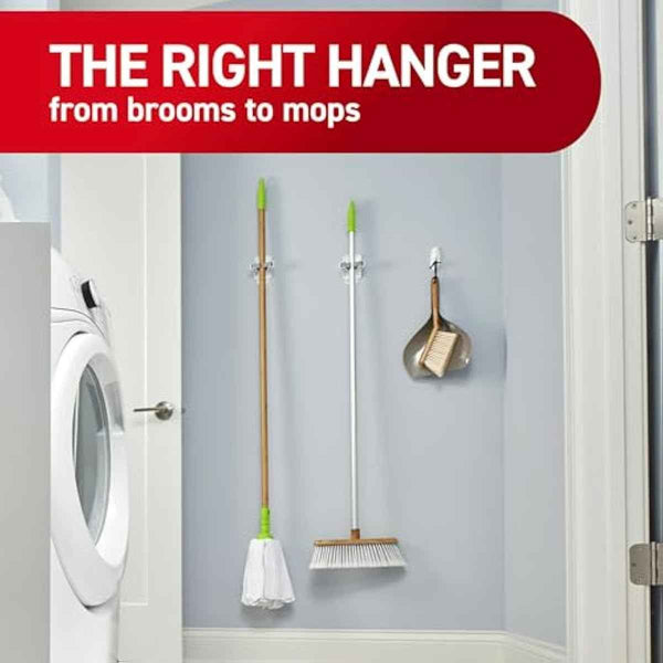 Command Broom and Mop Grippers, 2 Hangers and 4 Strips, Damage-Free Hanging Wall Mount and Mop Holder, Household Cleaning Organizer for Christmas Decorations, Holds up to 4 lb,Plastic
