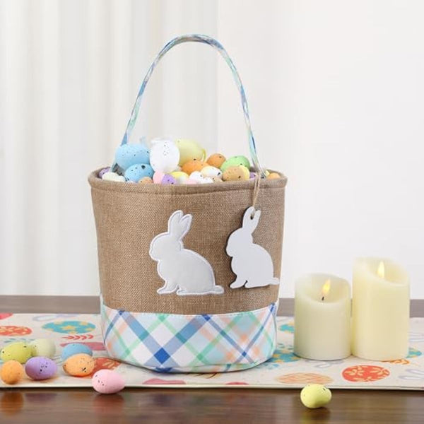 handmade wooden easter bunny basket with diy tag for kids boys girls easter egg hunt storage (blue)