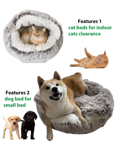 ShinHye round plush cat bed with waterproof bottom and faux fur for small indoor cats or dogs, 20x20inch, grey