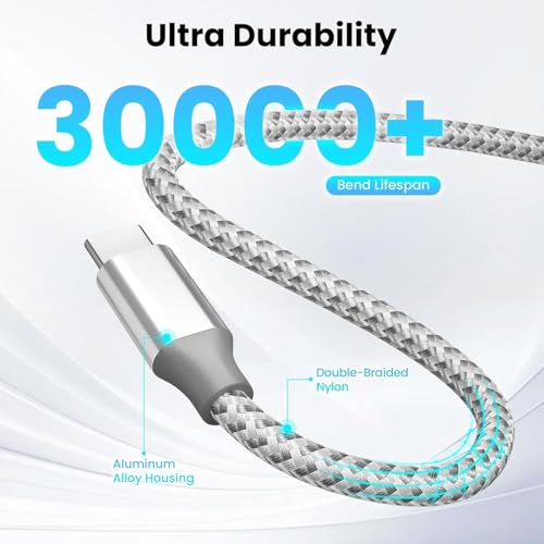 KYEHD 3-pack 10FT 60W fast charging USB-C cables for iPhone 17/16/15, iPad, MacBook, CarPlay and more, grey and white