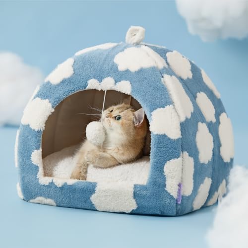Lesure Cute Cat Beds for Indoor Cats - 2 in 1 Cat Cave Bed for Kittens and Small Pets with Removable Washable Cushioned Pillow, Cozy Kitten Tent with Non-Slip Bottom, Blue, 16 inches